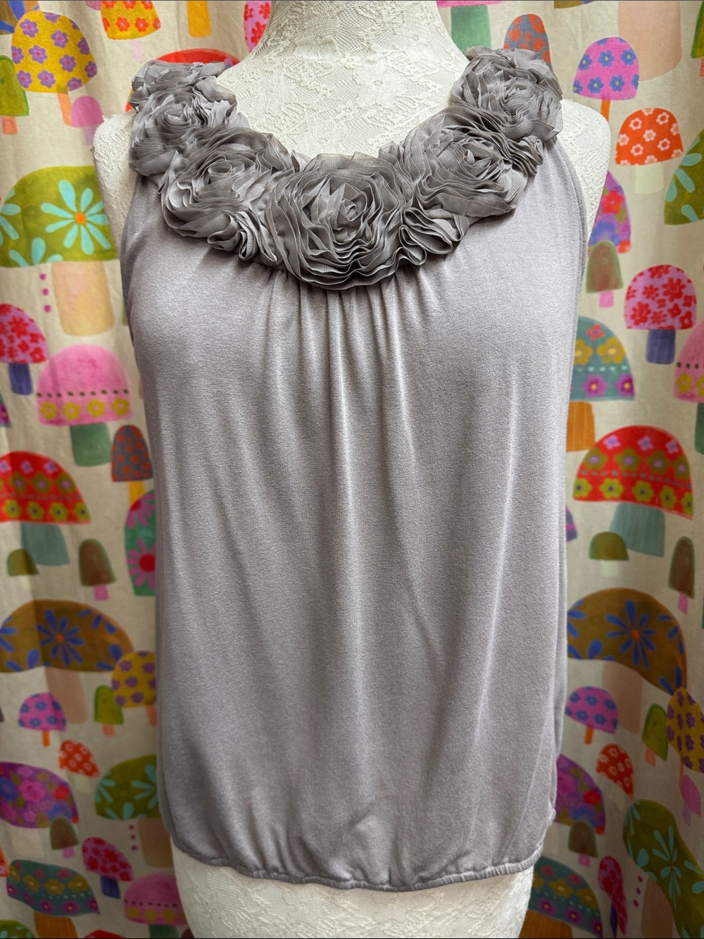 Style & Co. Gray Rosette Neck Sleeveless Tank. PL